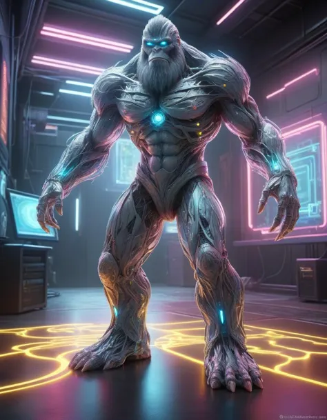 a man in a futuristic suit standing in a room with neon lights