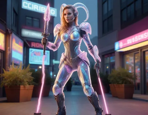 a woman in a futuristic outfit holding a sword and a sword