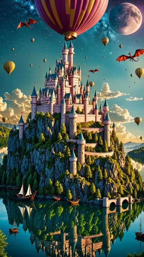 a large castle on a small island with a lot of balloons flying over it