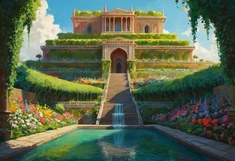 a painting of a large building with a fountain in front of it