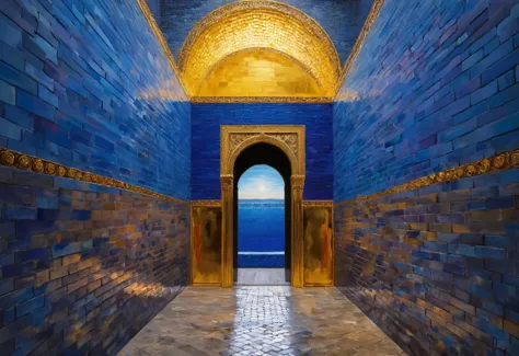 Concept art, The Ishtar Gate, dark blue glazed bricks, golden paintings on the walls, city of Babylon, gateway to inner Babylon, Mesopotamia, vibrant colors, highly detailed, masterpiece, 8k, hdr, art by Greg Rutkowski, palette knife painting with acrylic