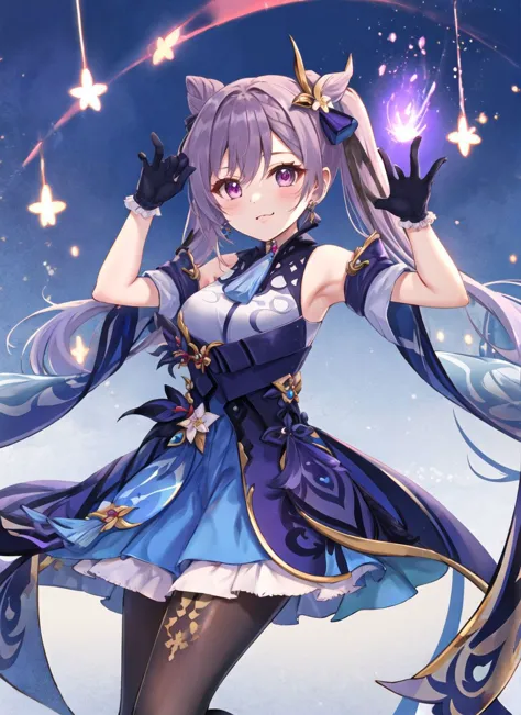 1girl, looking at viewer, smug pose
lightning, purple lightning bolt effect
keqing (piercing thunderbolt) (genshin impact), keqing (genshin impact),
pantyhose, hair bun, purple hair, gloves, (very long twintails:1.3), long hair, purple eyes, diamond-shaped pupils, bare shoulders, hair ornament, black pantyhose, cone hair bun,
detached sleeves,dress, jewelry, medium breasts, earrings, bangs, frills, purple dress, black gloves, braid, skirt,
 