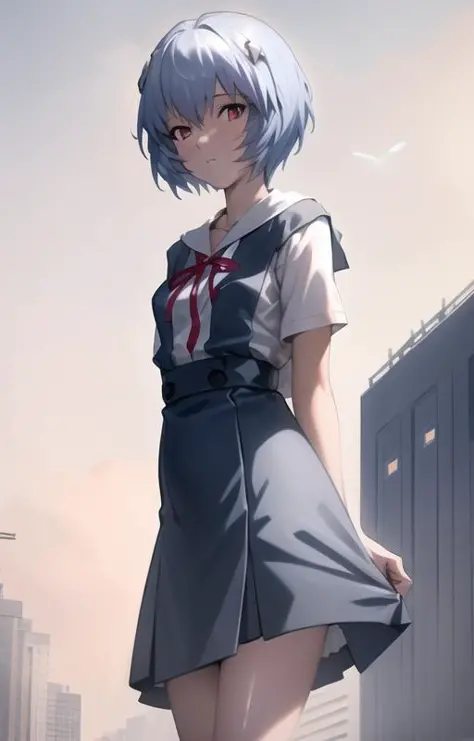 best quality,highly detailed,masterpiece,ultra-detailed,solo,1girl,(white background:1.5),(Delicate eyes),ayanami_rei,building, bird, city, ribbon, outdoors, skyscraper, red_ribbon, neck_ribbon, utility_pole, solo, short_hair, power_lines, grey_sky, cloud,...