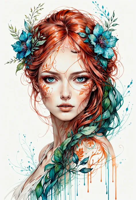 Minimalist style Portrait of a mysterious woman with flowing floral patterns,intricate details,ethereal beauty,traditional medium,Carne Griffiths inspired style,masterful use of organic elements and ink,intricate linework,exquisite color palette,4k resolution, . Simple, clean, uncluttered, modern, elegant