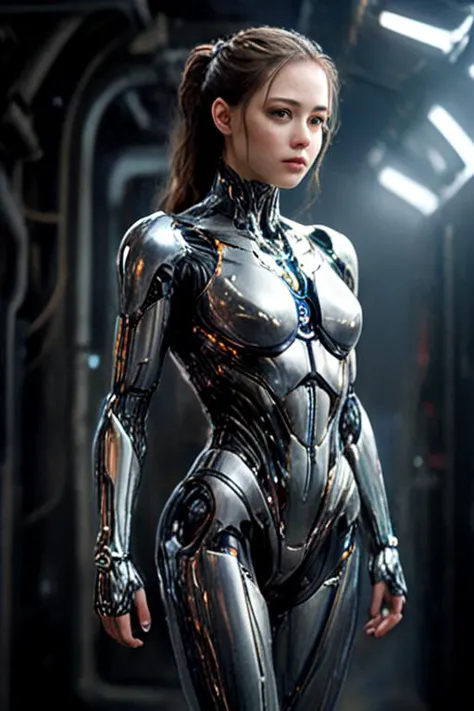 a woman in a futuristic suit standing in a dark room