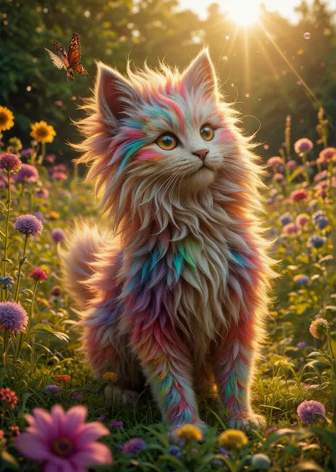 Dreamlike, Whimsical, Fantasy
 A colorful unicorn kitten frolicking in a magical meadow.
Iridescent, with hints of every rainbow color shimmering faintly.
Fluffy and rainbow-colored, flowing dynamically as the kitten prances.
Shimmering with a magical glow, similar to a soap bubble.
Large, bright, and expressive, filled with a mischievous twinkle.
Lush carpet of emerald green grass.
Wild and magical, overflowing with vibrant flowers in every color imaginable. Think a kaleidoscope of blooms!
Sparkling streams babbling gently, creating a soft, melodic sound.
Warm golden sunlight bathes the scene, casting long shadows and illuminating the details.
The sunlight interacts with the kitten's fur, creating an iridescent glow.
The meadow itself has a magical sheen, almost like it's lit from within.
Whimsical and enchanting, filled with a sense of wonder and delight.
The sweet scent of wildflowers fills the air.
 