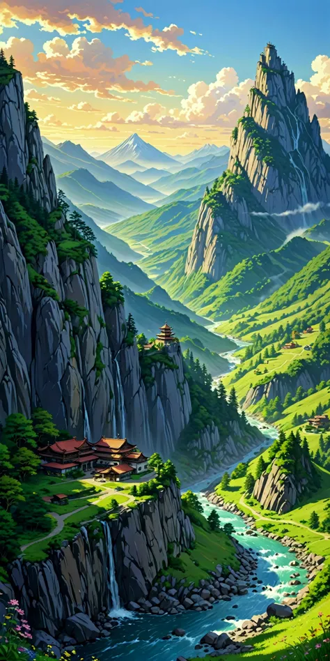 painting of a mountain valley with a river and a house