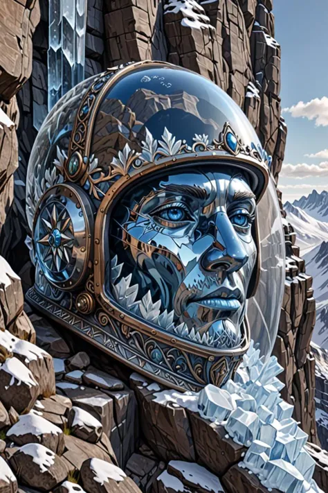 painting of a man with a helmet on a mountain side