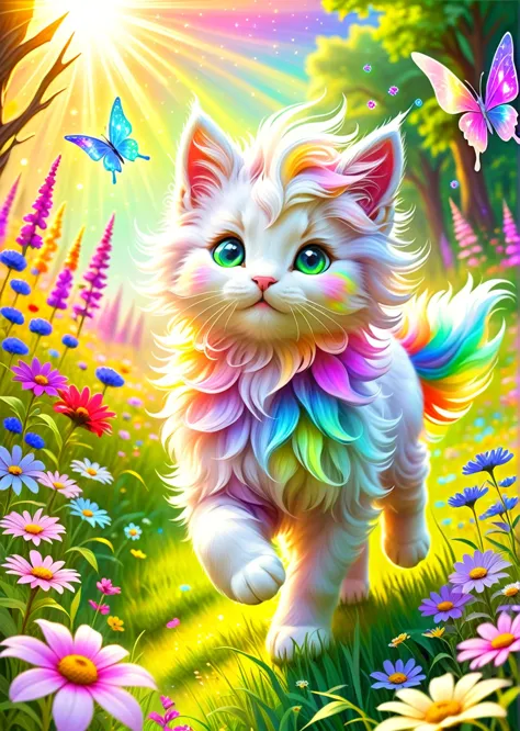 Dreamlike, Whimsical, Fantasy
 A colorful unicorn kitten frolicking in a magical meadow.
Iridescent, with hints of every rainbow...