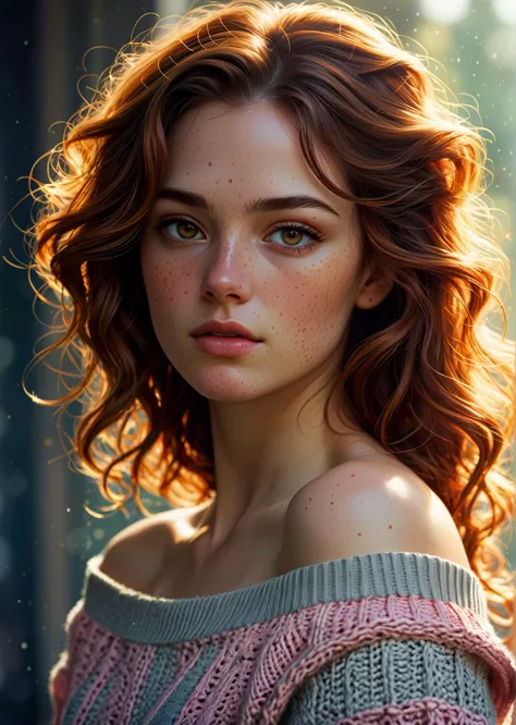 A captivating portrait of a young woman with freckles, wearing a flowing off-the-shoulder sweater in soft pastel hues. The background fades into a gentle backlight. Her expression hints at a mysterious allure, reminiscent of a goddess. In the style of Minjae Lee, Carne Griffiths, Emily Kell, Steve McCurry, Geoffroy Thoorens, Aaron Horkey, Jordan Grimmer, Greg Rutkowski.  Surreal geometric patterns subtly appear in the background. Dreamy bokeh effect. Artistic photorealism, smooth, intricate details, perfectly balanced composition.
<lora:add-detail-xl:1>
<lora:DetailedEyes_V3:1>