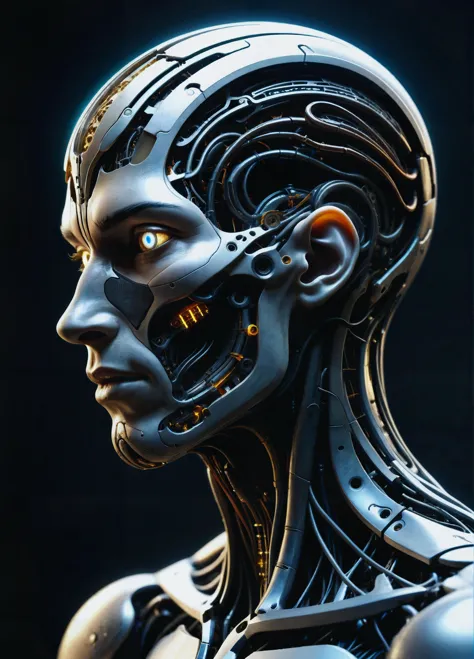 a close up of a robot with a glowing face and a head