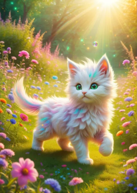 Dreamlike, Whimsical, Fantasy
 A colorful unicorn kitten frolicking in a magical meadow.
Iridescent, with hints of every rainbow...