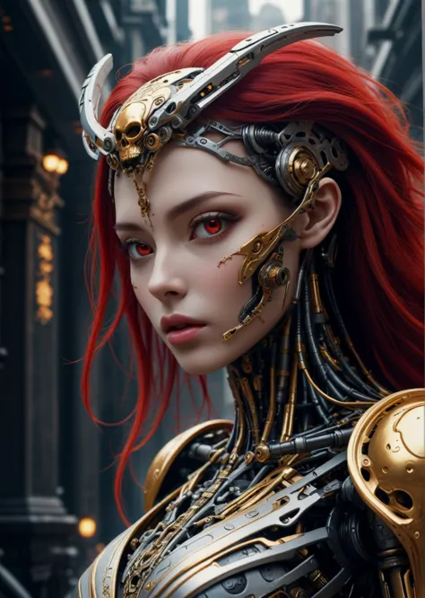 a close up of a woman with red hair wearing armor