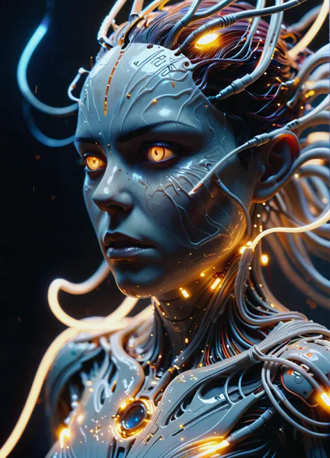 a close up of a woman with glowing hair and a futuristic body