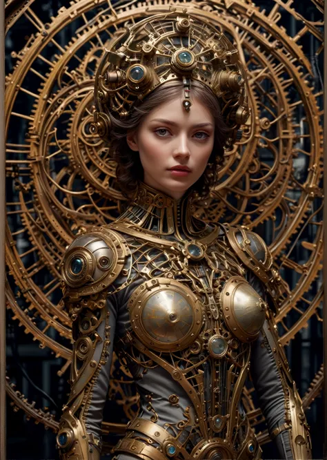 a close up of a woman in a gold costume with a clock