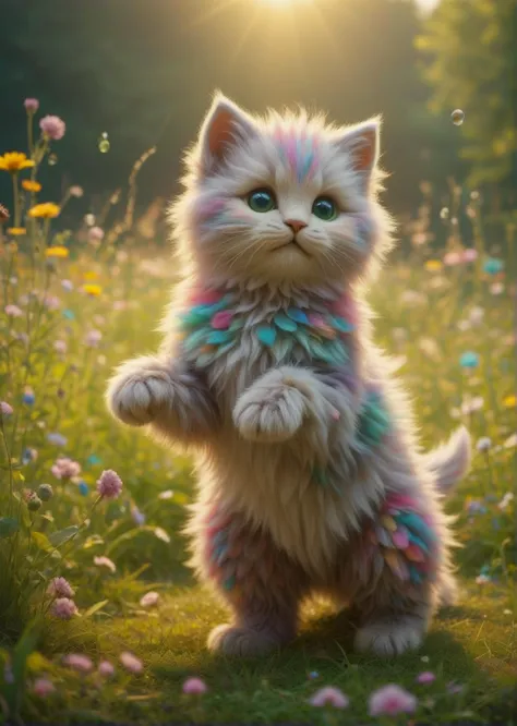 Dreamlike, Whimsical, Fantasy
 A colorful unicorn kitten frolicking in a magical meadow.
Iridescent, with hints of every rainbow...