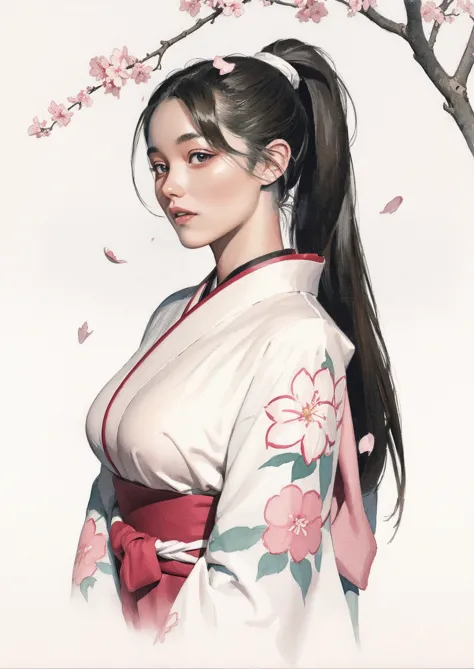 ilustración profesional de una chica atractiva, luz de la luna, muy detallado, pechos grandes, cola de caballo, kimono, Labios partidos, pelo largo, mirando al espectador, fondo floral, Caída de pétalos de Sakura,
Fondo blanco,acuarela \(medio\), medios de comunicación tradicionales, 
