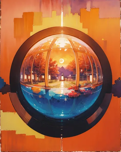 painting of a view of a city through a round window