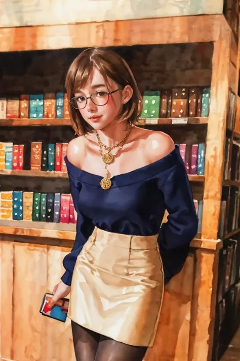 painting of a woman in a library with a book shelf