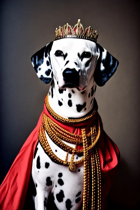 a close up of a dalmatian dog wearing a crown and a red cape