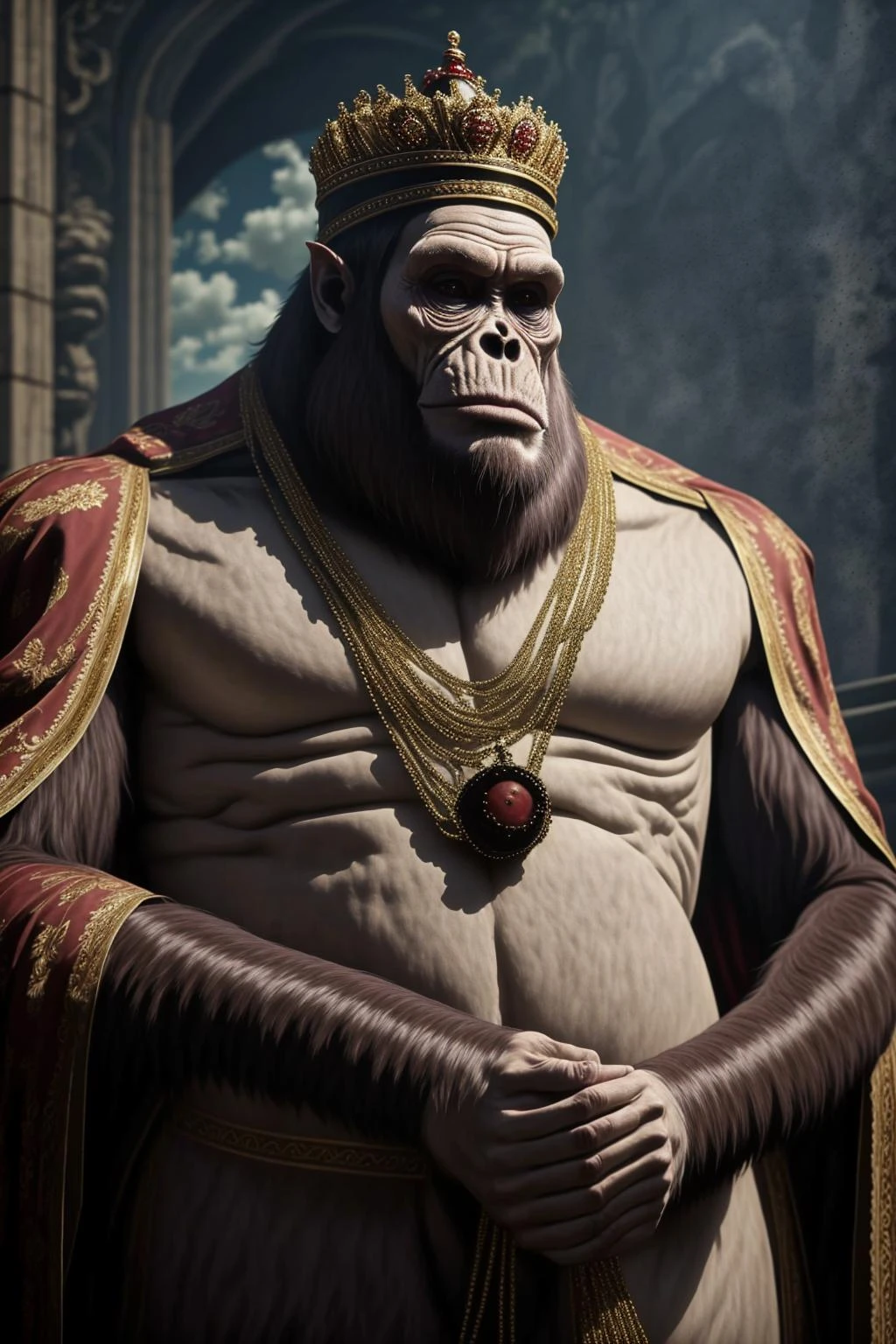 yomama_royal_animals,  ape in royal clothing, necklace, royal clothes, cape, crown, staff   beast titan