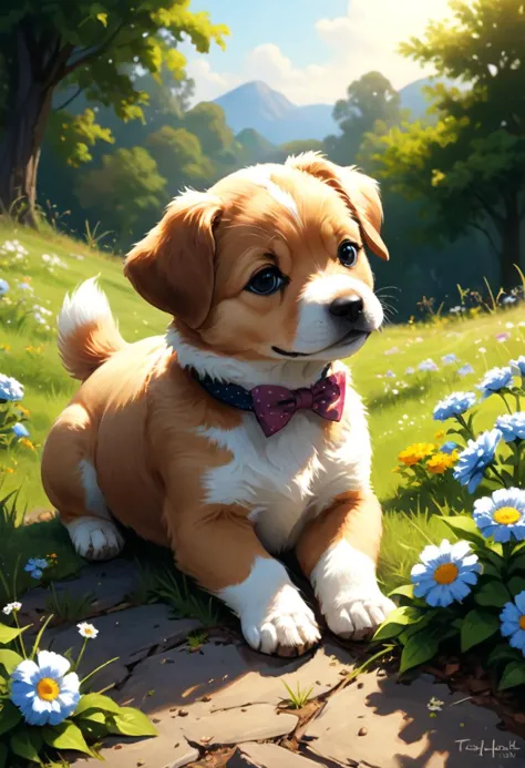 pintura profissional de Ted Nasmith de um cachorrinho deitado sob a luz do sol. O cachorrinho tem expressão relaxada e usa uma pequena gravata borboleta de seda. Há lindas flores ao redor. É manhã de primavera e tempo claro. Foco suave no cachorrinho, pose dinâmica, fundo dinâmico, composição dinâmica, Iluminação dinâmica, proporções realistas, detalhes intrincados, Resolução 16k, HDR, traçado de raio.