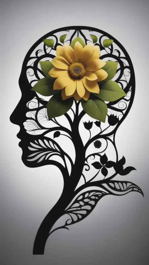 une silhouette du contour du cerveau fleuri de vignes et de fleurs par (Igor Morski:1.2)