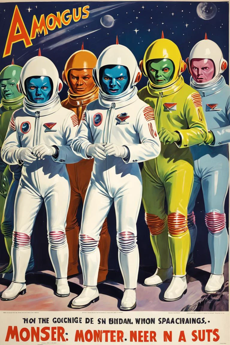 ملصق تحذير من الخمسينيات, عنوان "بيننا" رجال فضاء يرتدون بدلات ذات ألوان زاهية مختلفة وأحذية بيضاء كبيرة يقفون في طابور, واحد يتحول إلى وحش