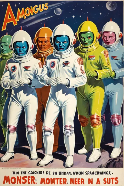 cartaz de advertência dos anos 1950, intitulado "entre nós" astronautas em ternos de várias cores brilhantes e grandes botas brancas ficam em fila, um está se transformando em um monstro