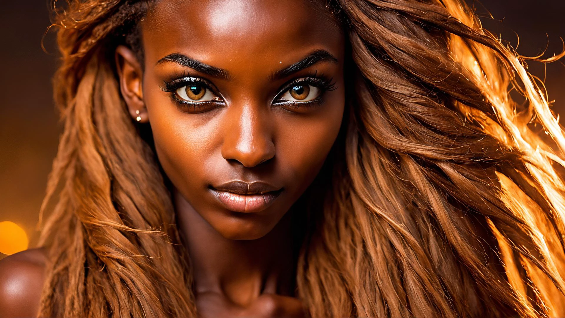 Гламурная фотография 22-летней кенийской девушки с глазами, детальное лицо, длинные волосы, крупный план глаз, детальный глаз, ночью