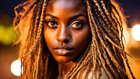 fotografia glamourosa dos olhos de uma menina queniana de 22 anos, rosto detalhado, cabelo longo, close nos olhos, Olho detalhado, à noite