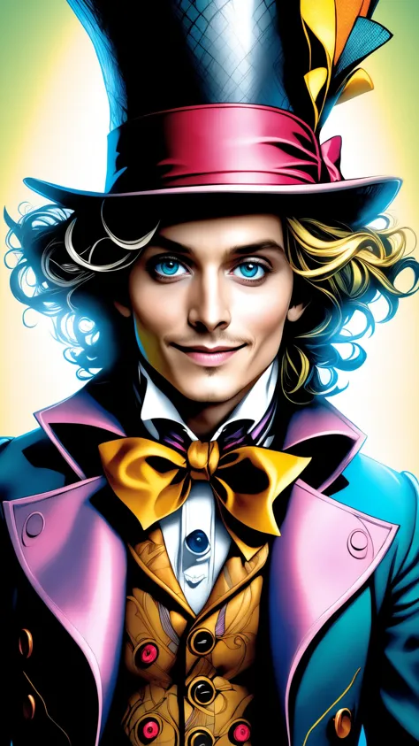 comic (full shot:1.5), a character from Lewis Carroll's book Alice in Wonderland. Johnny Depp as Mad Hatter. Hyperdetailed, anal...