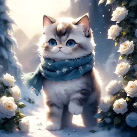 professional enamel painting art of a cute persian kitten wearing wool scarf and surrounded by clear ice roses. It is winter morning time and clear weather. cinematic focus on the cat, dynamic pose, dynamic background, dynamic composition, dynamic lighting, realistic proportions, hdr, raytracing,  extreme detailed, ultra detailed, intricate details, highly detailed atmosphere, highly detailed textures.