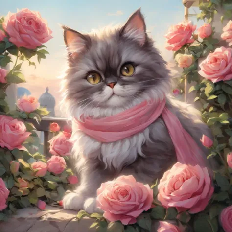 professional painting by of Alayna Lemmer of a cute persian cat wearing silk scarf and surrounded by roses. It is summer morning time and clear weather. cinematic focus on the cat, dynamic pose, dynamic background, dynamic composition, dynamic lighting, realistic proportions, hdr, raytracing,  extreme detailed, ultra detailed, intricate details, highly detailed atmosphere, highly detailed textures.