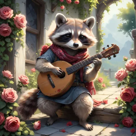 professional painting by Alayna Lemmer of a racoon playing lute. The racoon is wearing silk scarf and surrounded by roses. It is...