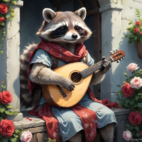 professional painting by Alayna Lemmer of a racoon playing lute. The racoon is wearing silk scarf and surrounded by roses. It is...