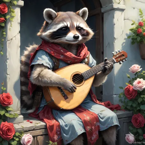 pintura profissional de Alayna Lemmer de um guaxinim tocando alaúde. O guaxinim está usando lenço de seda e rodeado de rosas. É manhã de verão e tempo claro. foco cinematográfico no guaxinim, pose dinâmica, fundo dinâmico, composição dinâmica, Iluminação dinâmica, proporções realistas, HDR, traçado de raio,  extremamente detalhado, ultra detalhado, detalhes intrincados, atmosfera altamente detalhada, Texturas altamente detalhadas.