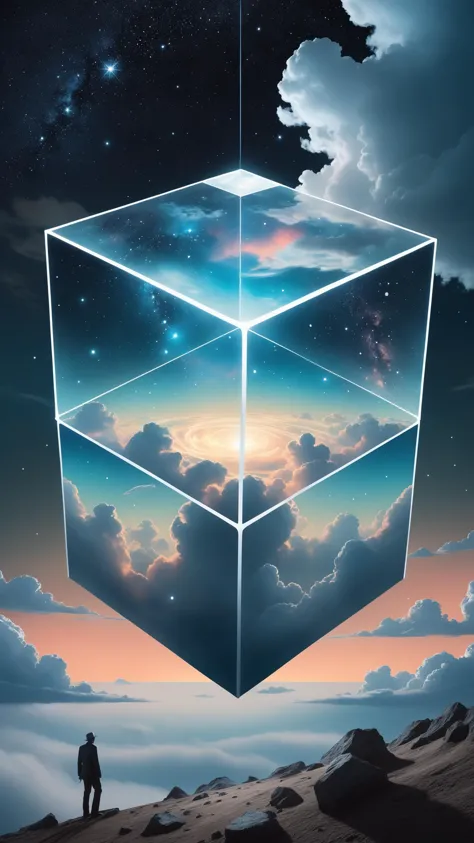 Estilo Bosch, um cubo translúcido prende nuvens misteriosas, the Estrelas scape warps, o tempo distorce, o surrealismo reina, Estrelas, brilhante, espumante