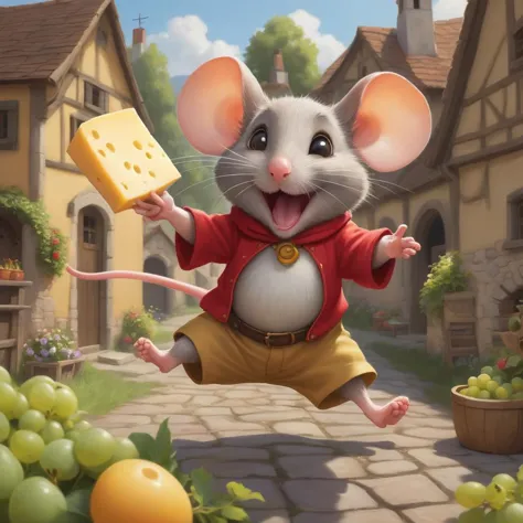 an exalted mouse having the time of its life running in a little cheese village