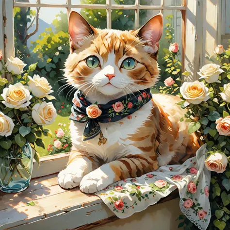 Pintura profesional ultra detallada de Alayna Lemmer de un solo gato que lleva un pequeño pañuelo de seda.. El gato está tumbado en el alféizar de una ventana.. Hay un jardín de rosas al otro lado de la ventana.. Es la mañana de verano y el tiempo está despejado. 