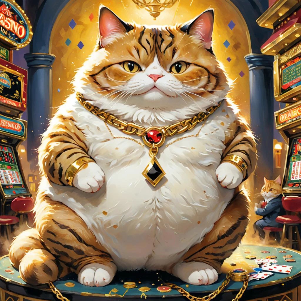ภาพวาดแมวอ้วนที่มีรายละเอียดพิเศษระดับมืออาชีพโดย Alayna Lemmer. แมวสวมสร้อยคอทองคำที่คอ. มีคาสิโนอยู่เบื้องหลัง.  