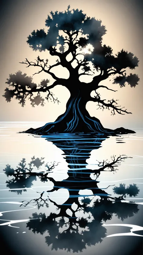 ilustração de tinta, manchas de tinta, Respingos de tinta, tinta escorre, manchas de tinta, tinta desbotada, árvore bonsai dramática, planta em superfície reflexiva preta, nascer do sol, detalhado, iluminação natural incrível, cores pastéis terrosas, chorando pelas crianças perdidas, padrão fractal simétrico, esquerda