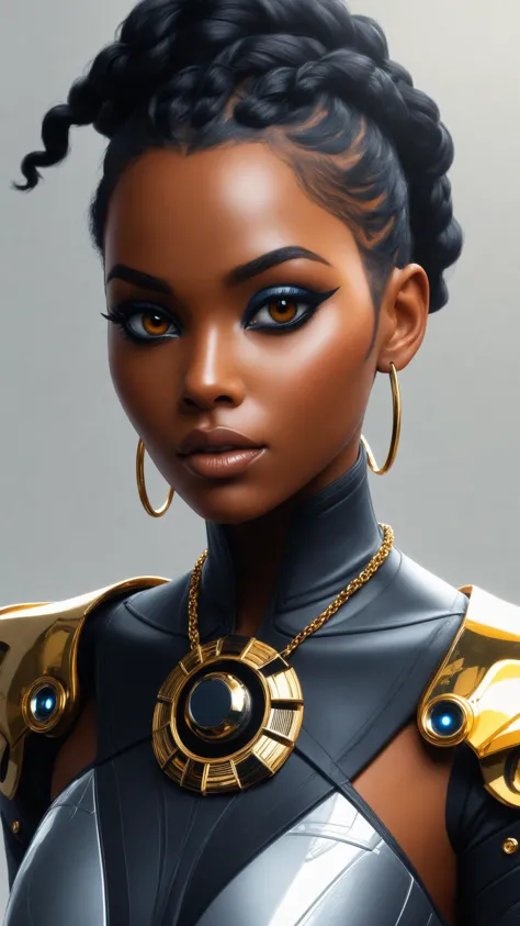 designed by greg manchess, smoke, Close Portrait of a Black model woman, bright eyes, glossy lips, futuristic gold face war pain...