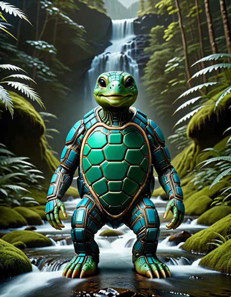 cinematic film still A smiling, alien turtle made of ral-semiconductor wearing a translucent stillsuit is shown in the midst of mountain path near a waterfall, from above, its chest is wide and imposing revealing its non-human form, volumetric water vapors swirls around it as if caught by an unseen wind, background features a lush forest and dark sky, detailed, realistic, 8k uhd, high quality, style of James Stokoe,  . shallow depth of field, vignette, highly detailed, high budget, bokeh, cinemascope, moody, epic, gorgeous, film grain, grainy,  <lora:ral-semiconductor:1>,  <lora:StillsuitXL_v1.32:0.4>