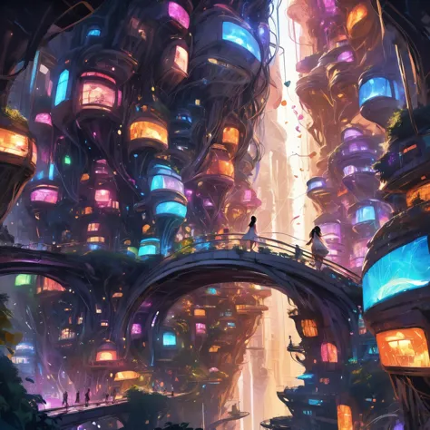 (concept art:1), in a street of a white membranous organically inspired pulsating city, the buildings glow internally with many bright colors, curvaceous, metal beams, towering, interlocking, interconnected, organic, cosmopolitan, multicultural, traditional, bridges, crowded, utopia, nature, overgrown BREAK (a princess:1.3), brooding, overwhelmed, wistful, melancholy, arm support, sharp focus, wide angle, landscape, dichotomy, severance