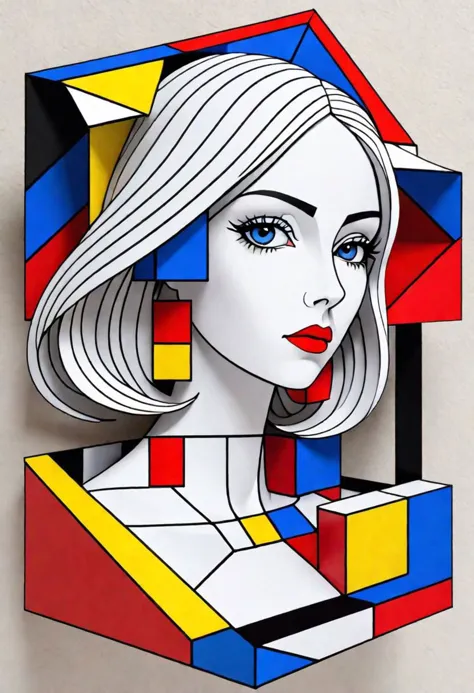 3D, forma geométrica imposible, mujer de papel, anidado, elegant, armonioso, fino y estético, color inspirado en Mondrian, Vasarely