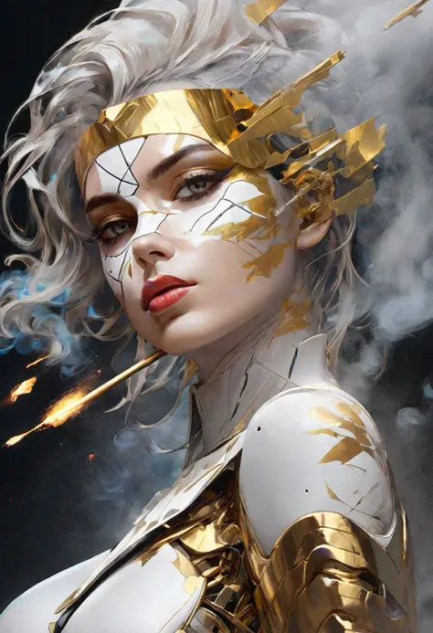 designed by greg manchess,smoke, Close Portrait of a white model woman, bright eyes, glossy lips, futuristic gold face war paint...