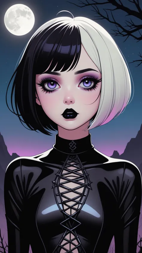 kawaii cute goth girl in a cartoon style, 1girl,solo, upper body, looking at viewer, white background, bob cut, short hair, mult...