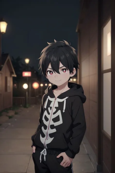 <lora:kabanesd-000012:0.6>
1boy named kabane_kusaka, 
black hair,
standing alone in a city, 
his pupils are white his corona is red, 
he has a smirk on his face,
(black onesie:1.2) with (skeleton pattern:1.2), 
draw it in the style of Kemono Jihen,
hood down
black short pants,
The soft lighting and detailed surroundings create an immersive environment where imagination runs wild hyper-detailed,
hyper-detailed face, high quality visuals, dim Lighting, sharply focused, octane render, 8k UHD,
 GS-Boyish,  AS-YoungV2