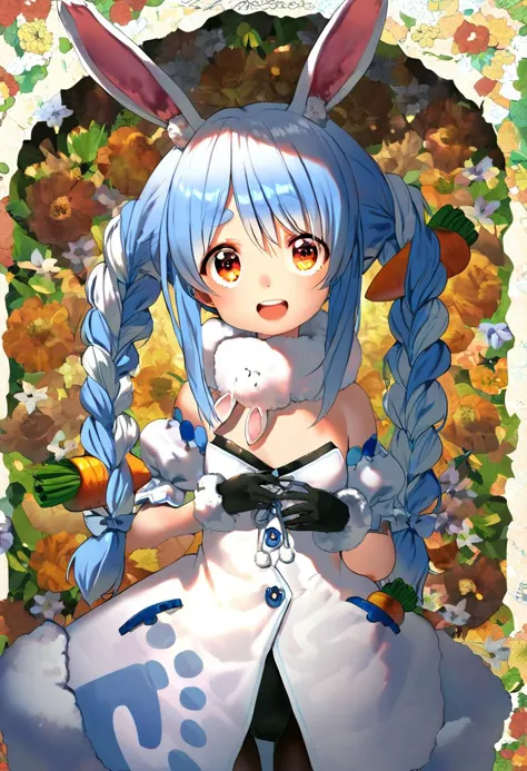 anime girl with bunny ears holding a rabbit in her hands